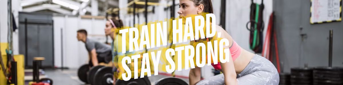  Train Hard, Stay Strong Header with 3 people weightlifting