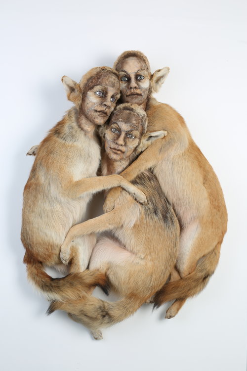 three dear with human faces hold each other