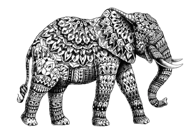 image of a black and white elephant with designs on it