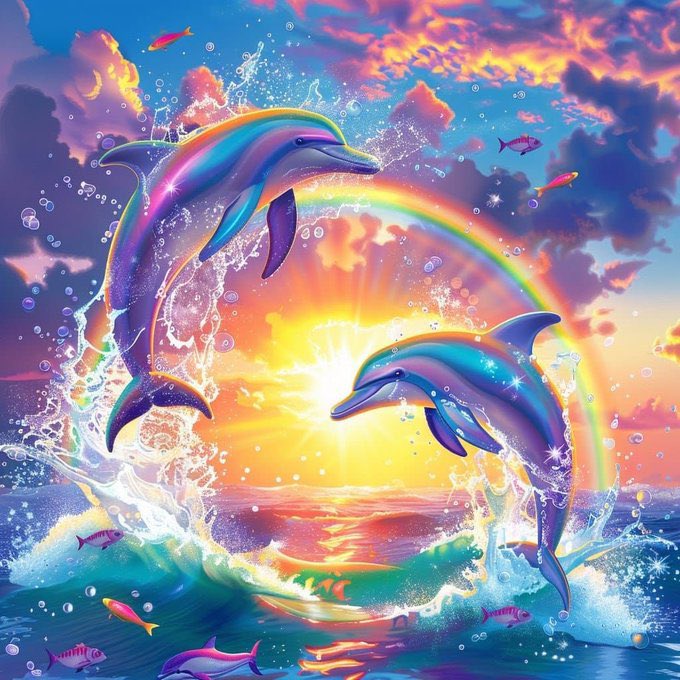 Dolphins jumping out of the sea 
            with a sunset and rainbow behind them.