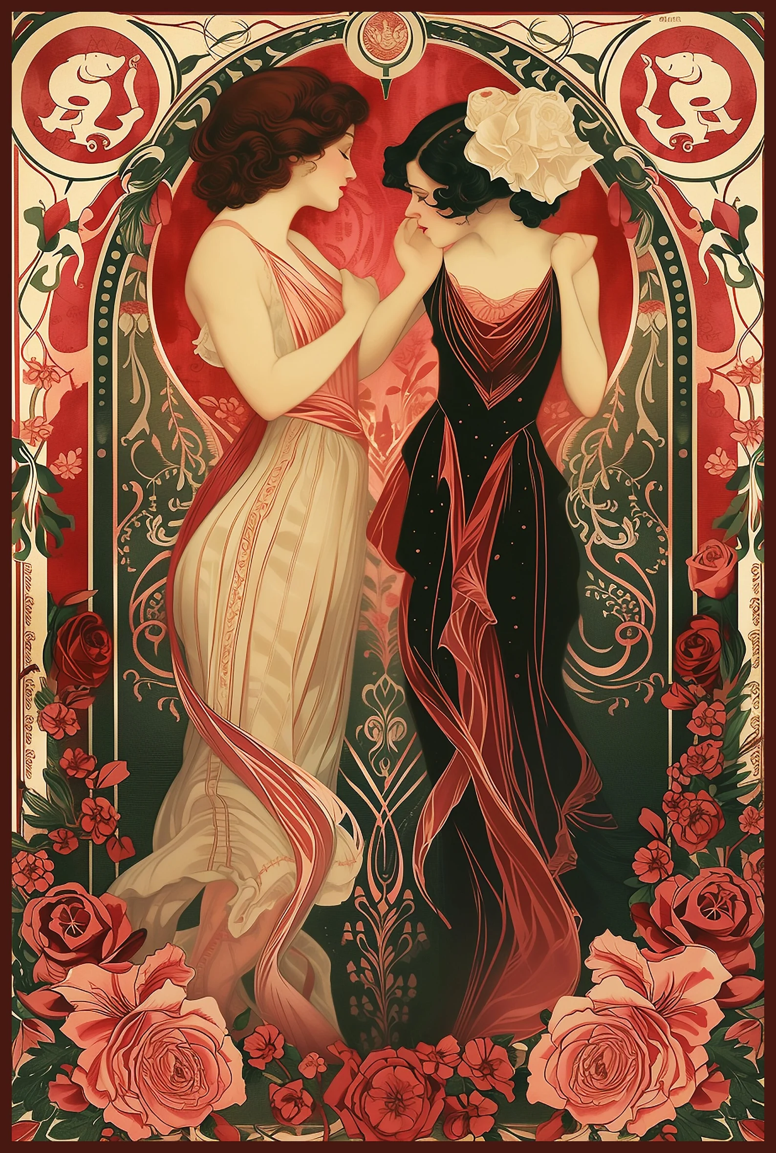 a digital print of two dark haired women flirting. One in a black dress the other in white. The background covered in red roses