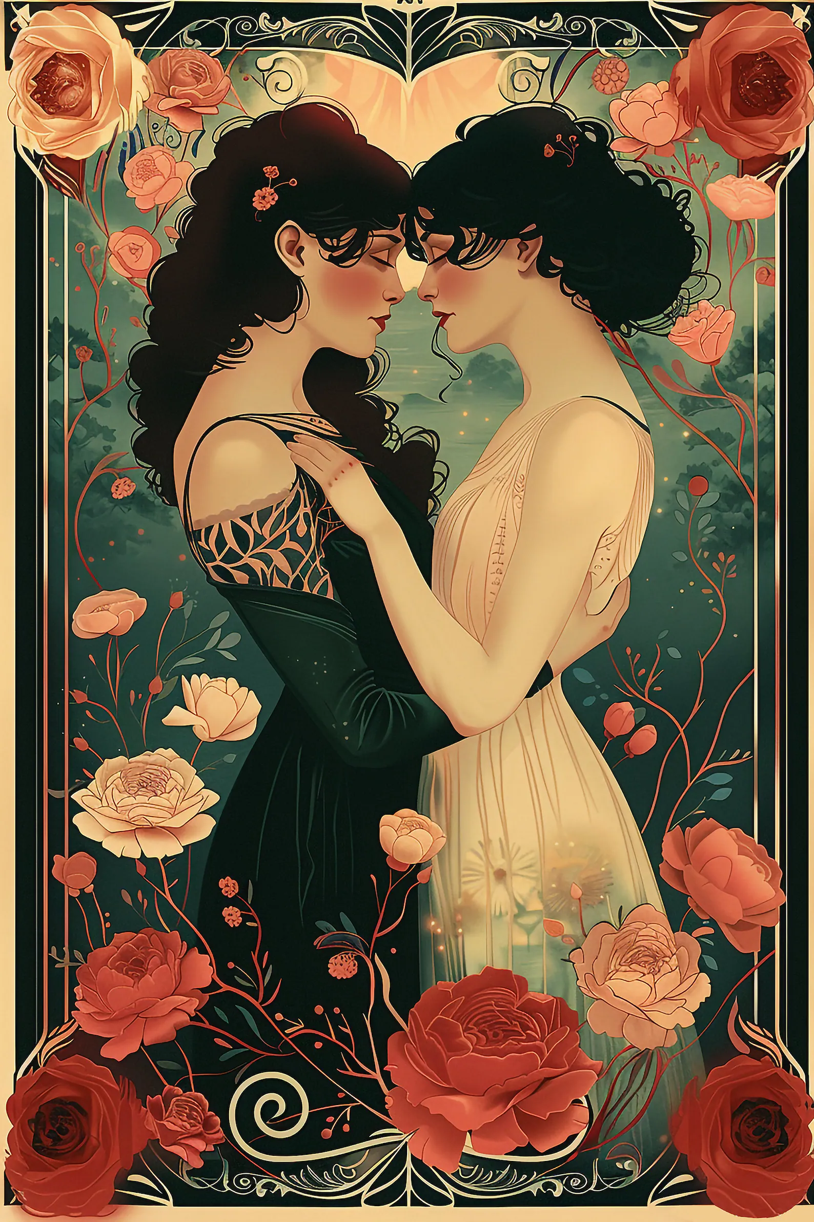 a digital print of two dark haired beauties embracing with roses in the background