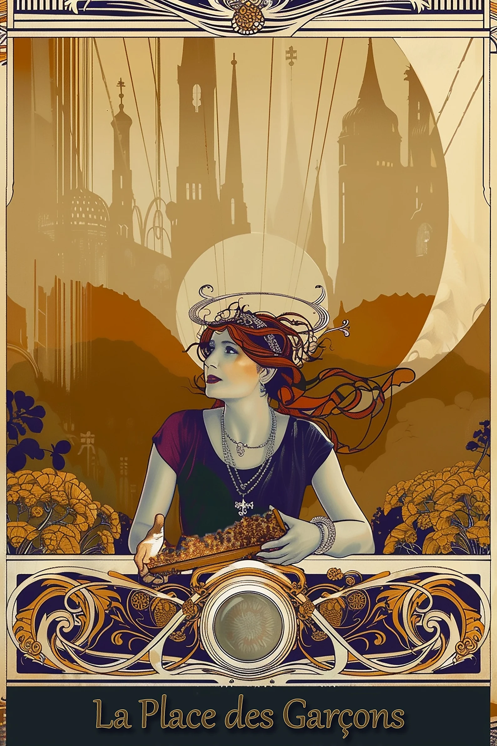 a digital print of a girl with red hair holding a crown with a silhouette of a kingdom in the background