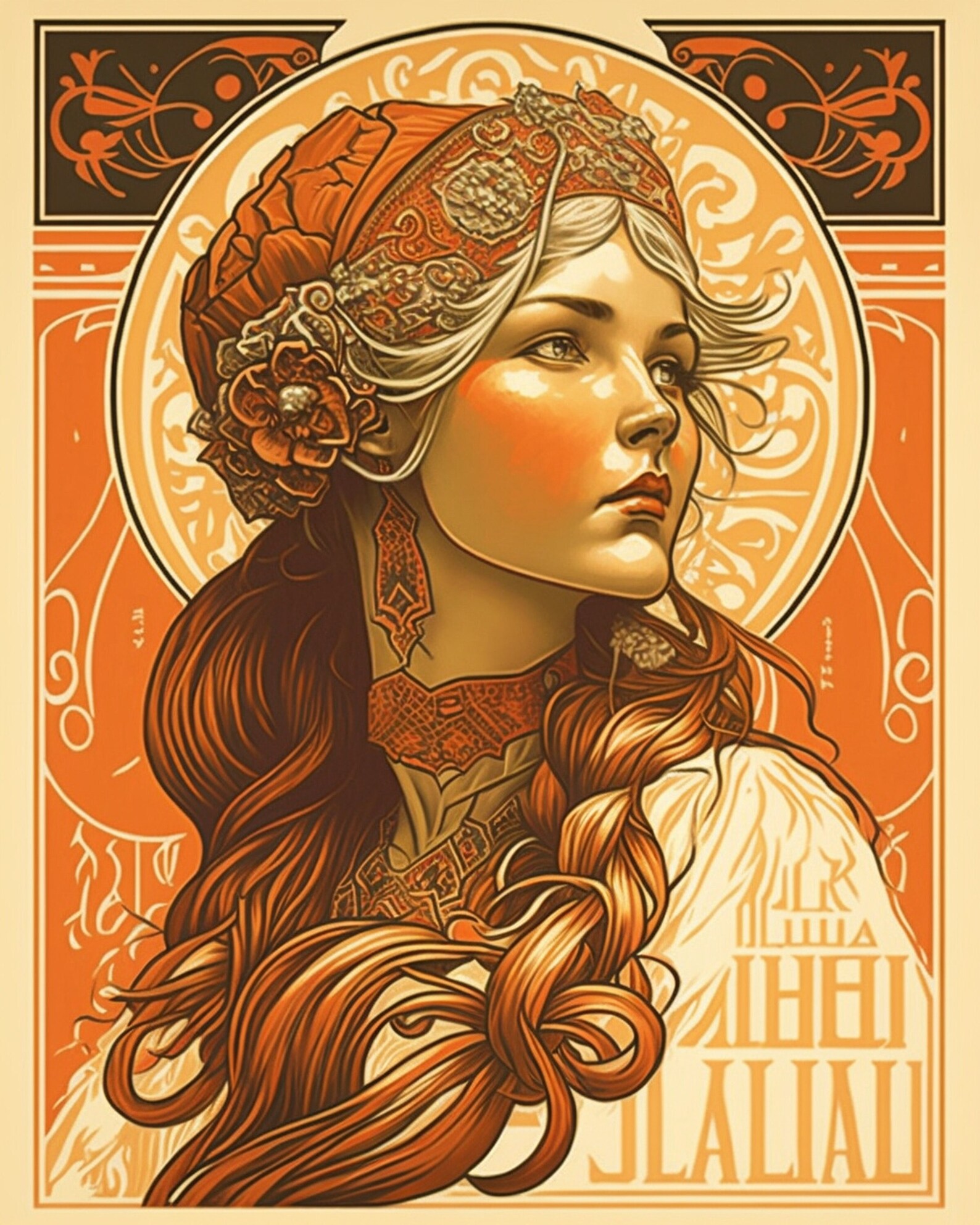 a digital print of a girl who wears a floral headressusing. The use of mostly warm toned colors gives the print a vintage aesthetic.