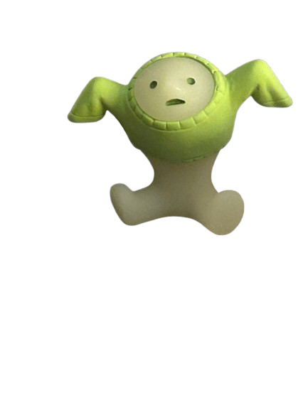 small green figure trying to put on a sweater