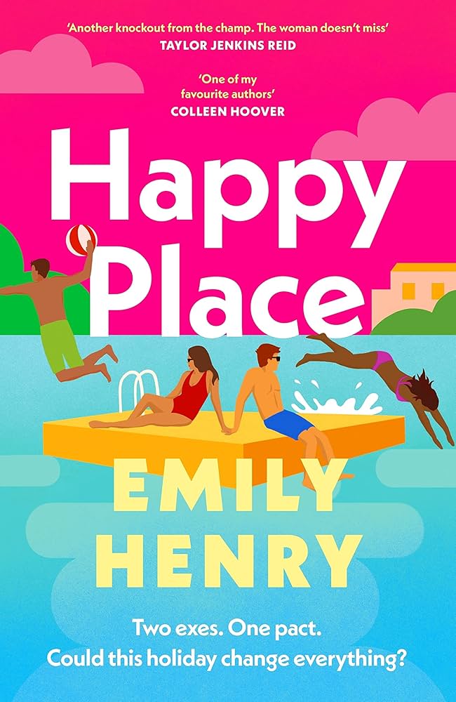 book cover that is pink and blue and has two people sittin on a dock while two other people are jumping off of it into the water and reads happy place