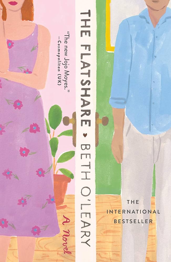 book cover that is split down the middle by the title The Flatshare and on the left it shows half of a girl in a dress and the right side shows the other half of a boy in a shirt and pants