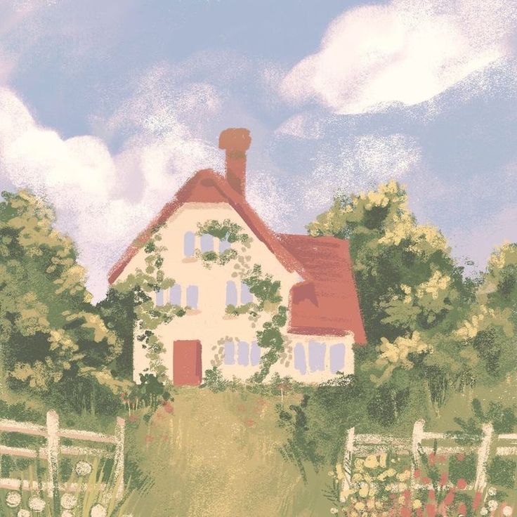 A watercolor of a cute cottage