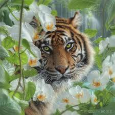 Tiger Behind Flowers