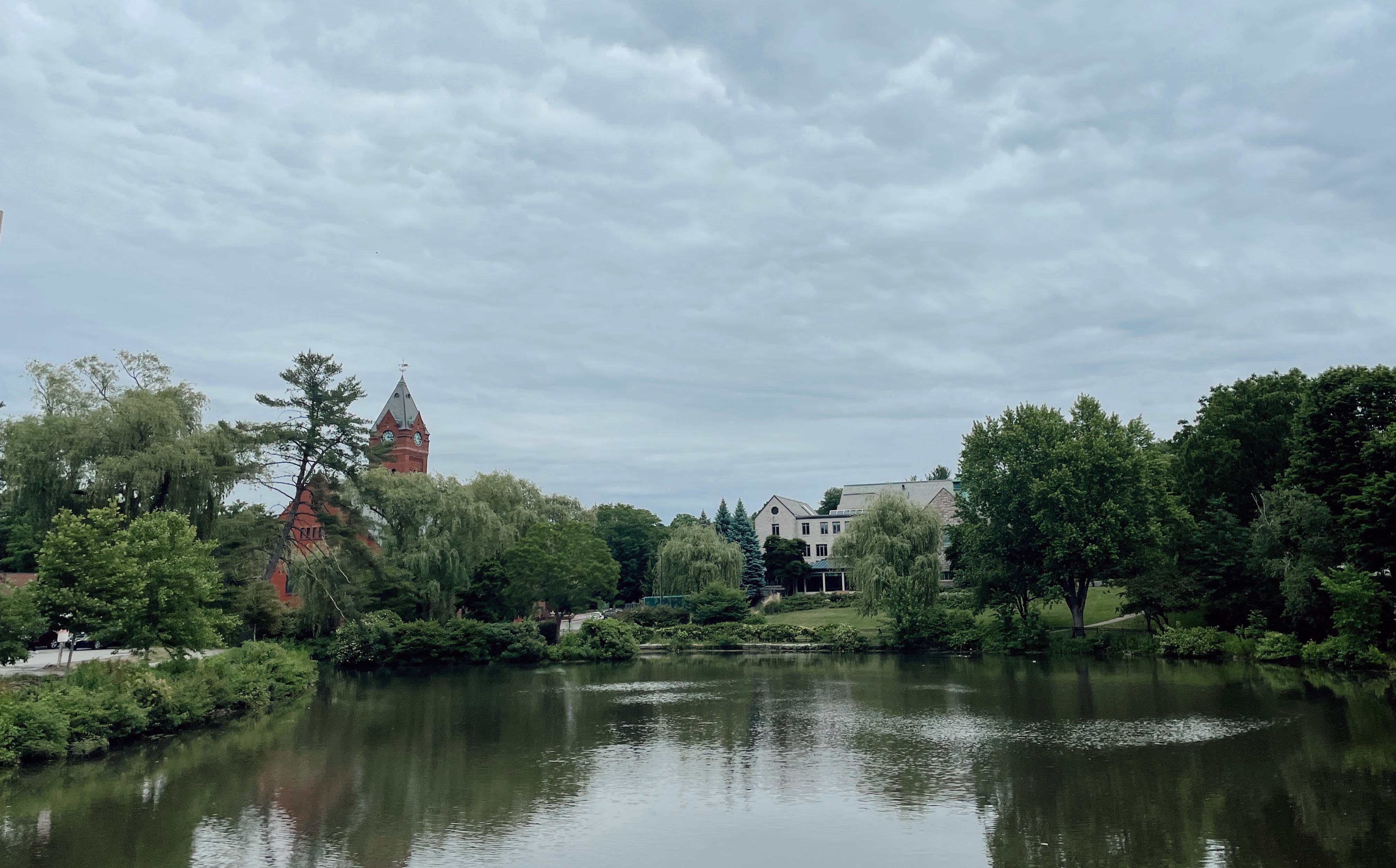 Landscape shot of Winchester Massachusetts town buildings and Aberjona River